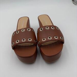 Marion Parke Cora Brown Leather Platform Slide Sandal Grommet Details Sz 41 NWOT
